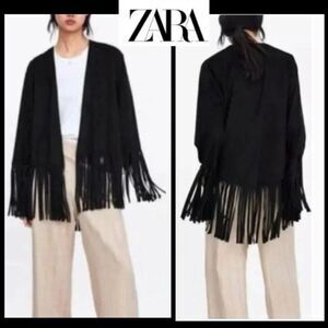 Zara Faux Suede Fringe Open Front Jacket Cardigan Western Style (Size L)